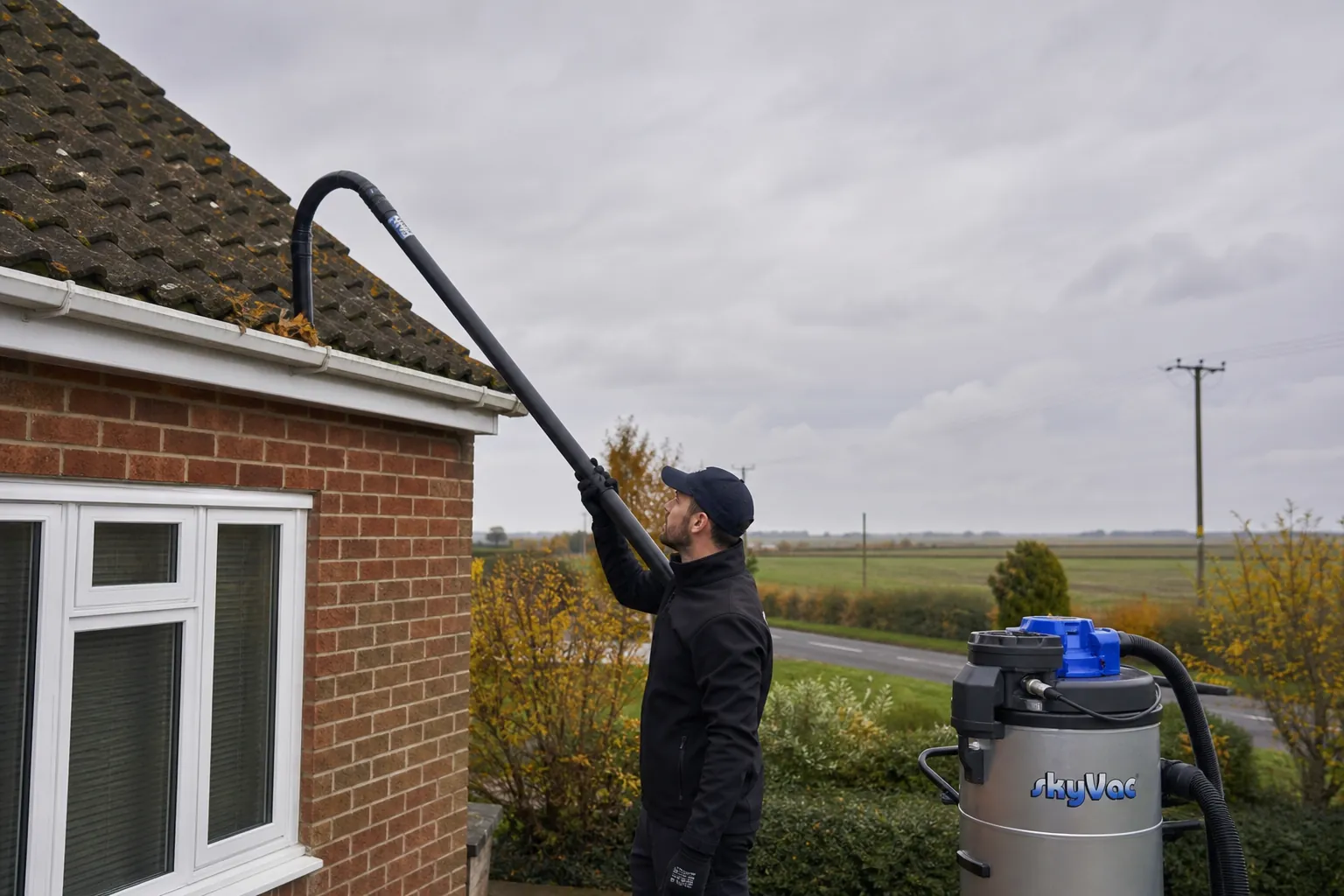 Professional gutter cleaning with a high-reach vacuum on a residential property in the Fenland District